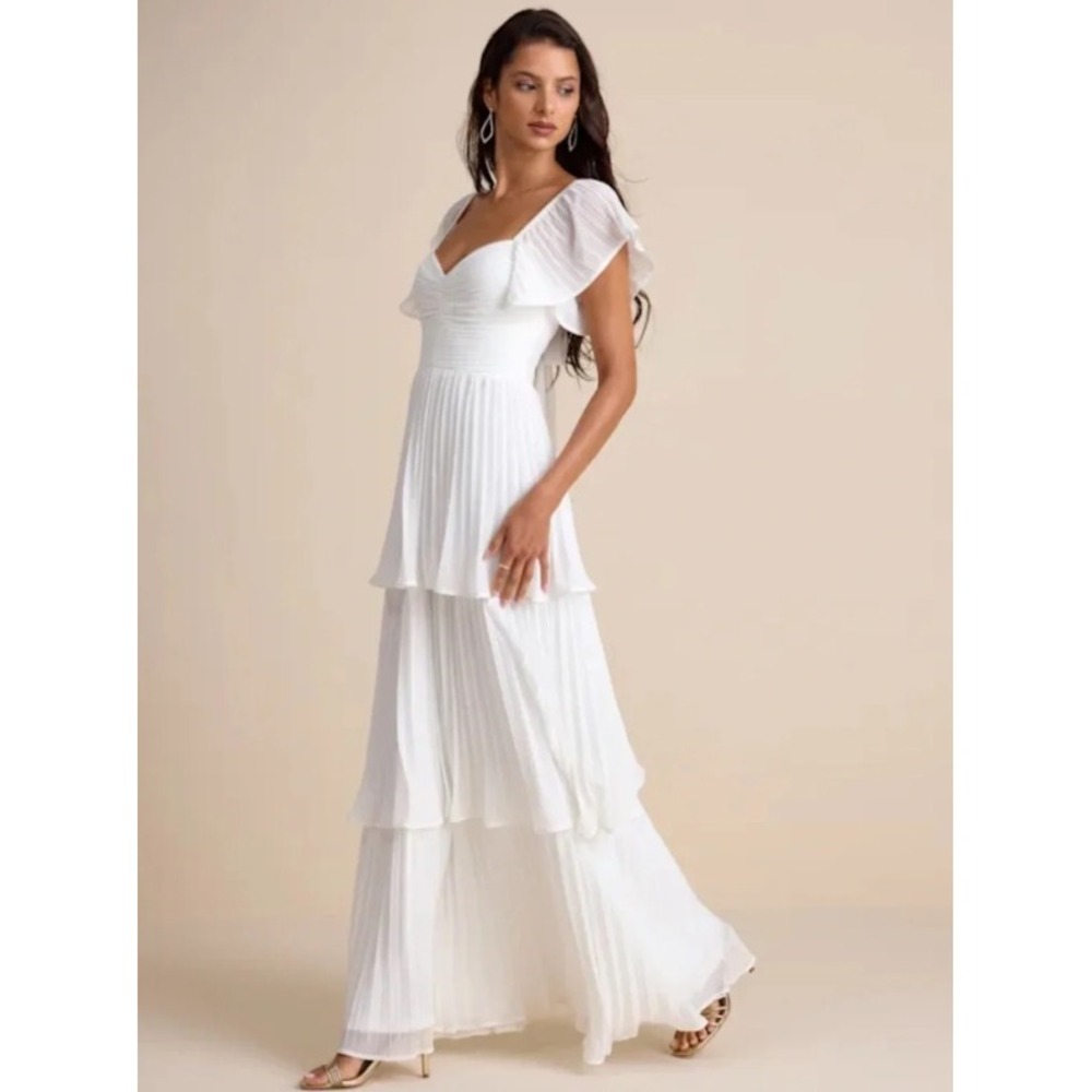 Lulus White Pleated Tiered Maxi Dress Open Back Tie Sweetheart Bridal Gown XS